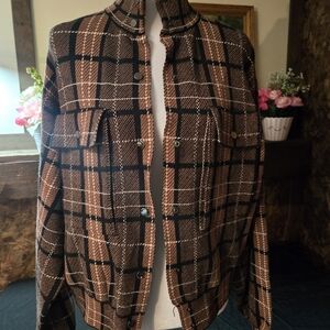 Chic Plaid Bomber Jacket - Black and Brown